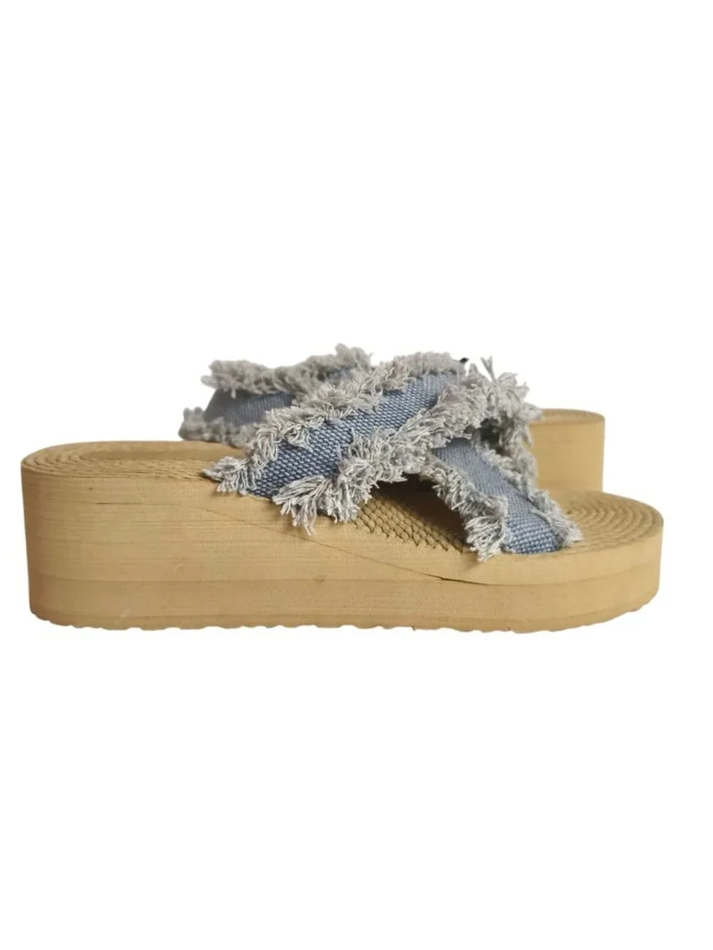 Womens 6 Frayed Denim Espadrille Platform Sandals Blue Rope Wedge Sole Casual